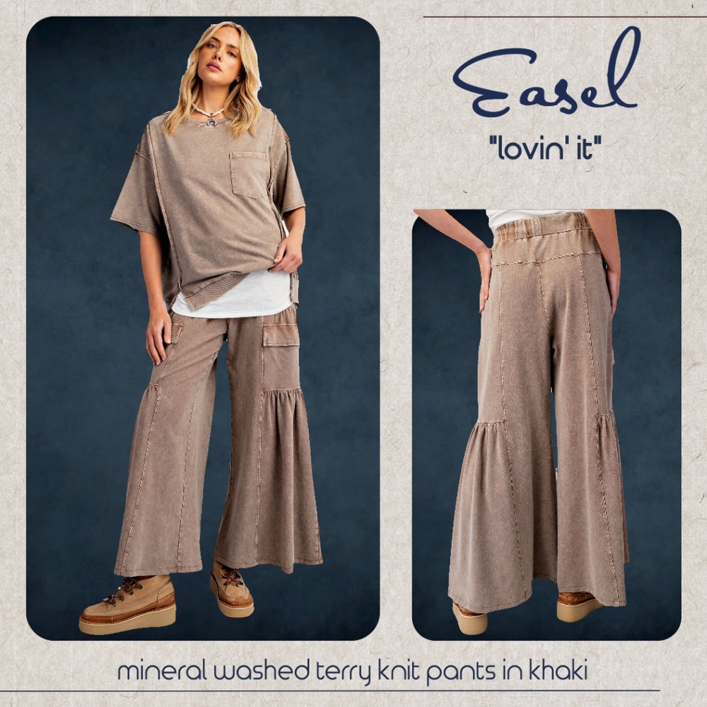 EASEL “Lovin’ It” Cotton Mineral Washed Pants Relax Fit Wide Ruffled Leg Pockets